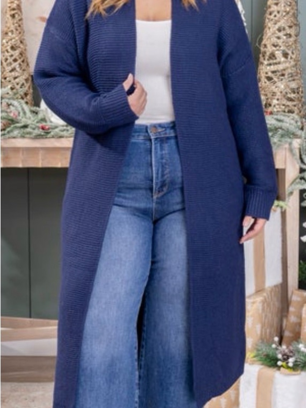 Long Open-Front Navy Women’s Cardigan Sweater. Large.